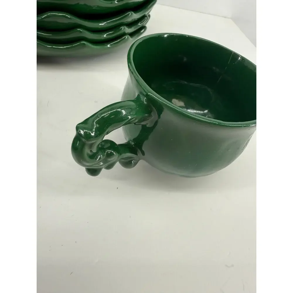 Vintage Holland Mold Holly Berry Cup Saucer Set 6 Christmas Green Ceramic 1970s